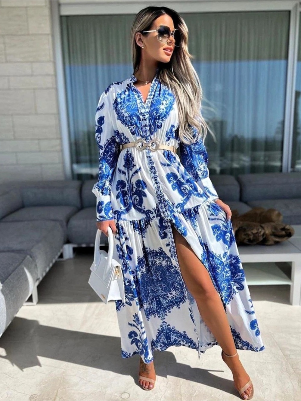Floral Maxi Dress in Blue & White Like New
